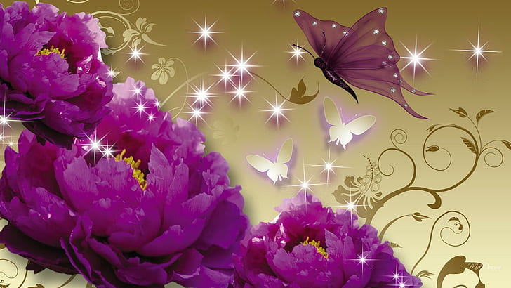Peonies Of Purple, peony, firefox persona, stars, flowers, puple, gold, shine, summer, butterflies, 3d and abstract, HD wallpaper