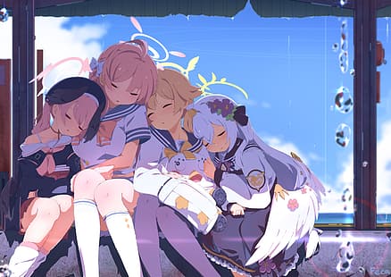 Feca, Blue Archive, Azusa (Blue Archive), Hanako (blue archive), Hifumi (Blue Archive), Koharu (blue archive), dormir, anime girls, uniforme scolaire, fleur dans les cheveux, ailes d'ange, Fond d'écran HD HD wallpaper
