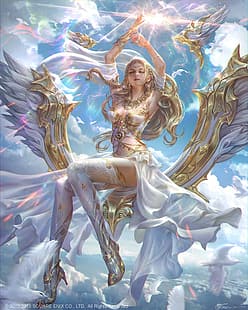 Jeremy Chong, rysunek, kobiety, blondynka, długie włosy, chmury, tęcze, skrzydła, anioł, fantasy art, niebo, Tapety HD HD wallpaper