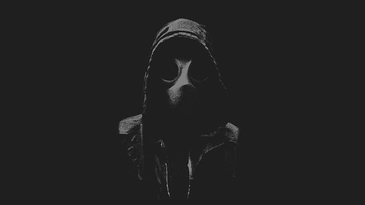 hooded person wallpaper, static, gas masks, minimalism, hoods, HD wallpaper