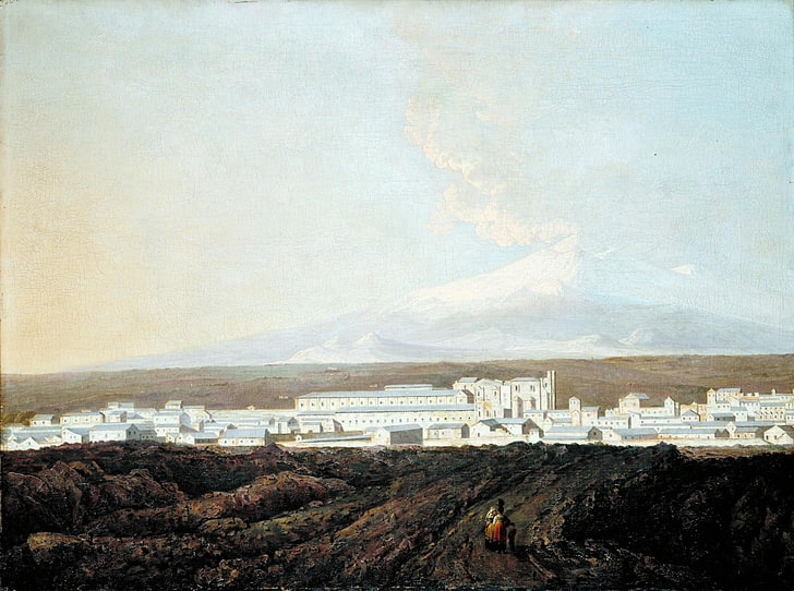 1797, 더비 1734의 조셉 라이트에 의해 거리 C.1775에서 마운트 Etna와 카타니아의 전망, HD 배경 화면