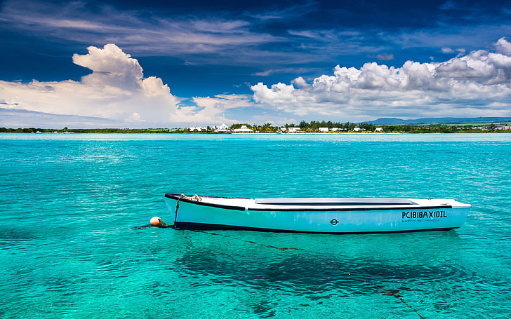 przyroda, krajobraz, Mauritius, wyspa, tropikalny, morze, łódź, chmury, turkus, woda, niebo, plaża, Tapety HD