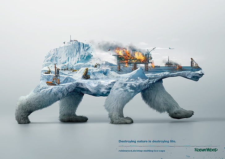 разрушающая природа разрушает жизнь цифровые обои, цифровое искусство, животные, окружающая среда, живая природа, двойная экспозиция, плакат, простой фон, айсберг, снег, лед, технология, разрушение, огонь, белые медведи, природа, экология, произведения искусства, море, Робин Вуд, HD обои