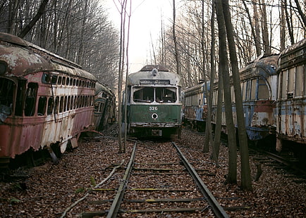 зелено-белый поезд, крушение, транспортное средство, заброшенный, HD обои HD wallpaper