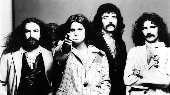 uomini, musicista, Black Sabbath, Ozzy Osbourne, Geezer Butler, Toni Iommi, Bill Ward, leggende, rock star, monocromatico, capelli lunghi, vintage, Sfondo HD HD wallpaper