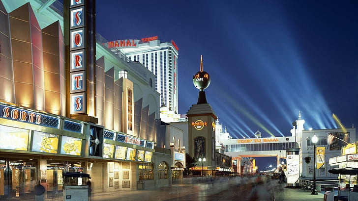 Boardwalk Casinos At Atlantic City, lights, boardwalk, casinos, people, nature and landscapes, HD wallpaper