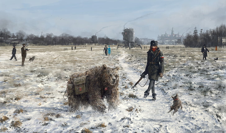 ilustrasi, lukisan, karya seni, seni digital, wanita, beruang, musim dingin, seni kipas, seni fantasi, salju, Jakub Różalski, Wojtek, Wallpaper HD