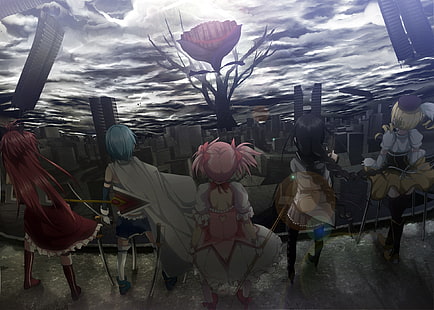 weißer und lila Blumendekor, Mahou Shoujo Madoka Magica, Akemi Homura, Sakura Kyoko, Miki Sayaka, Kaname Madoka, Tomoe Mami, HD-Hintergrundbild HD wallpaper
