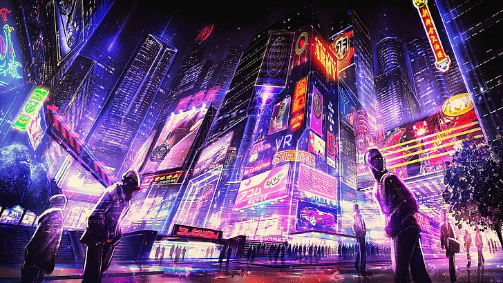 nuit, cyberpunk, ville futuriste, œuvres d'art, art numérique, art conceptuel, art fantastique, futuriste, ville, Fond d'écran HD