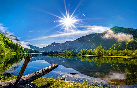 Sun Over The Mountain Lake, lake, calm, lakeshore, bright, shore, beautiful, water, riverbank, mirrored, peaceful, clear, river, HD wallpaper HD wallpaper
