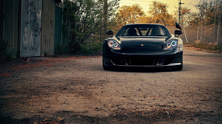 schwarzes Auto, Porsche Carrera GT, Auto, Porsche, Kies, schwarz, grau, schwarze Autos, Krähe, HD-Hintergrundbild