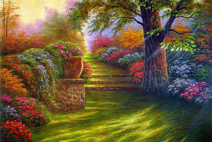 bed of variety of flowers painting, road, landscape, flowers, nature, tree, garden, steps, painting, HD wallpaper