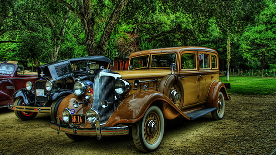 vintage, coche, Oldtimer, arte digital, vehículo, árboles, plantas, carros negros, carros rojos, Fondo de pantalla HD HD wallpaper