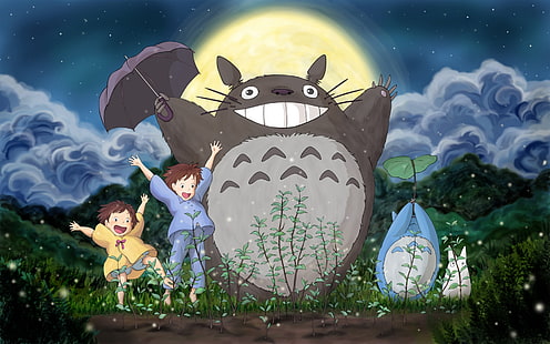 Komşum Totoro, ghibli, komşum toto, mei, satsuki, toto, orman, gökyüzü, ay, çimen, bulutlar, hayao miyazaki, HD masaüstü duvar kağıdı HD wallpaper