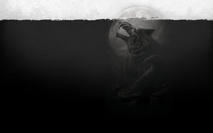 illustration de loup et corbeau noir, œuvres d'art, art fantastique, animaux, Fond d'écran HD