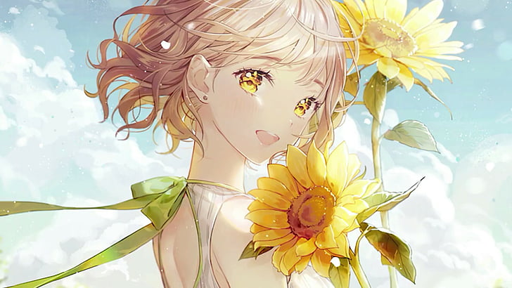 niedlich, blondes haar, anime girl, anime art, sonnenblume, himmel, HD-Hintergrundbild
