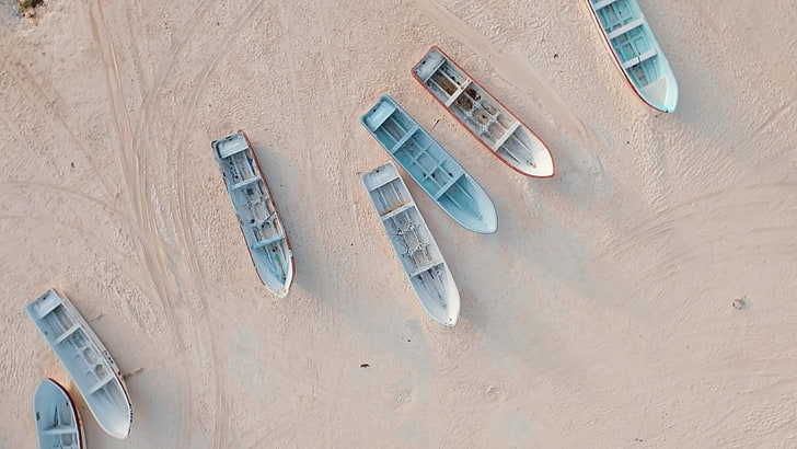 seven assorted jon boats, boat, beach, HD wallpaper