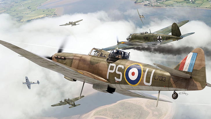 ilustraciones, aviones militares, aviones, Segunda Guerra Mundial, Boulton Paul Defiant, Bf109, Heinkel He 111, Fondo de pantalla HD