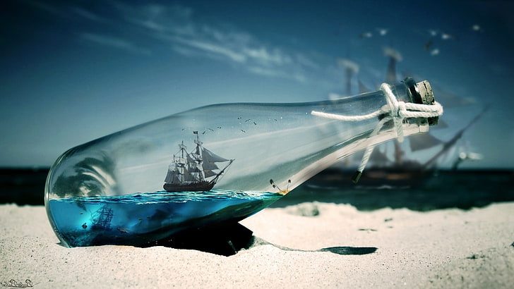 синий океан песок морские бутылки корабли произведение искусства 1920x1080 Природа Океаны HD Арт, Синий, океан, HD обои