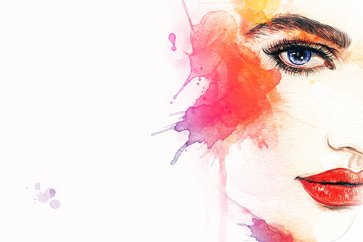 lukisan wajah wanita, mata, gadis, wajah, cat air, bibir, warna, Wallpaper HD