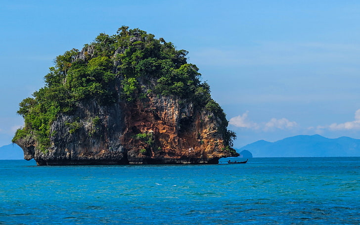 paisagem, mar, Tailândia, barco, natureza, calcário, tropical, árvores, rocha, HD papel de parede