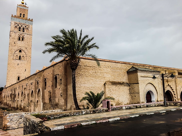 apartment building, architecture, beautiful, building, buildings, hd, koutobia, marrakech, morocco, mosque, old, palm tree, rachid, traditional, tree, HD wallpaper