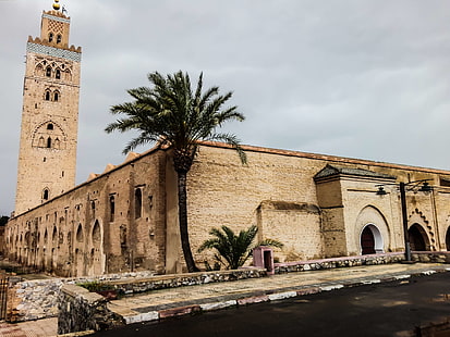 hyreshus, arkitektur, vacker, byggnad, byggnader, hd, koutobia, marrakech, marocko, moské, gammal, palmer, rachid, traditionell, träd, HD tapet HD wallpaper
