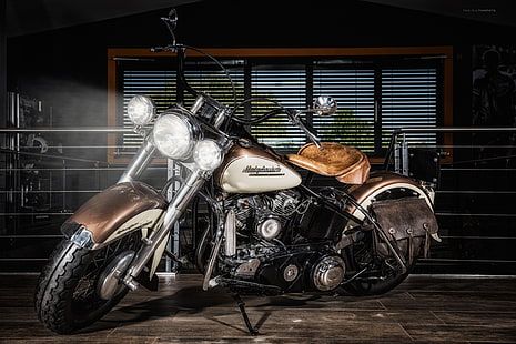 motocicleta cruiser negra y marrón, Harley Davidson, bicicleta, motocicleta, helicóptero., Fondo de pantalla HD HD wallpaper