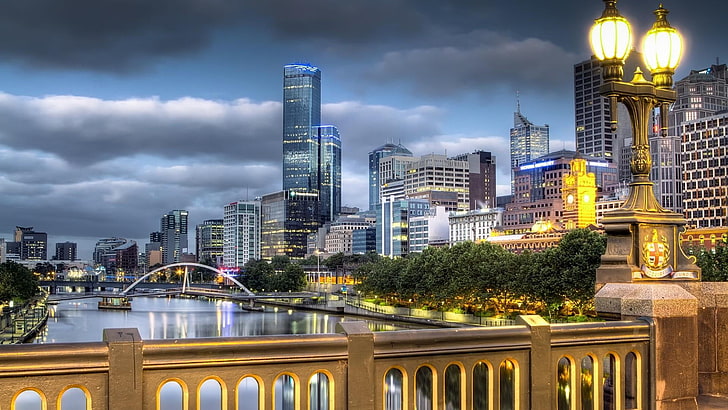мельбурн, австралия, городской пейзаж, река, великолепный, огни города, HD обои