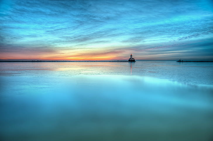blue ocean photography, Lonely, Lighthouse, blue ocean, photography, Chicago, HDR, Navy  Pier, HD wallpaper