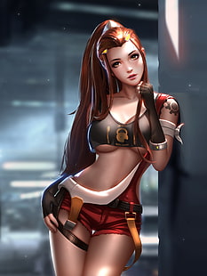anime woman wearing crop top and red shorts leaning on wall wallpaper, anime, anime girls, underboob, Liang-Xing, the gap, Overwatch, Brigitte (Overwatch), redhead, HD wallpaper HD wallpaper