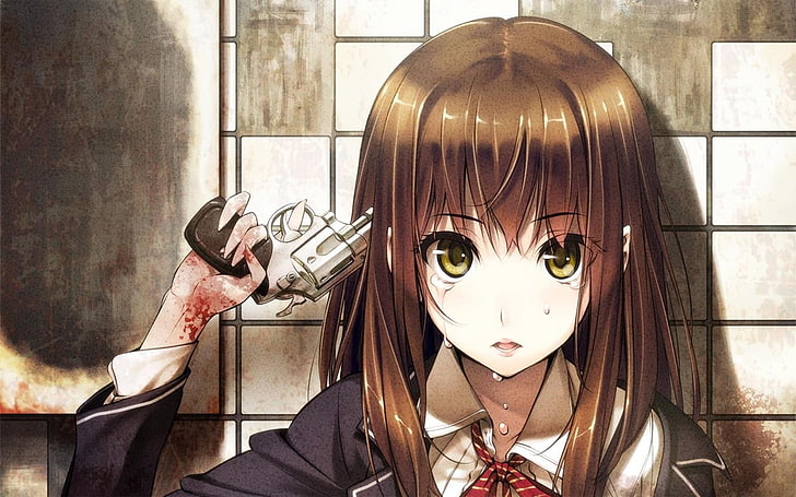 anime, anime girls, suicide, pistol, schoolgirl, HD wallpaper