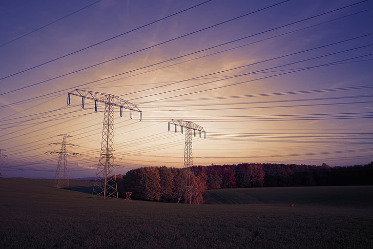 power lines, sky, landscape, HD wallpaper