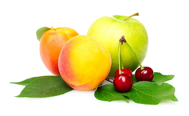 Granny Smith jabłko, brzoskwinia, jabłko, wiśnia, owoc, liść, Tapety HD