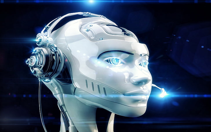 белая голова робота иллюстрация, андроиды, робот, HD обои
