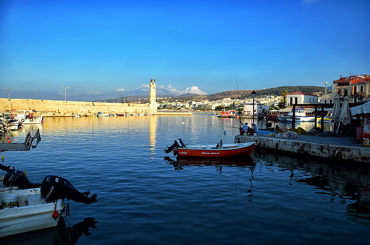 sea, fishing, lighthouse, boats, Greece, Rethymno, Crete, HD wallpaper