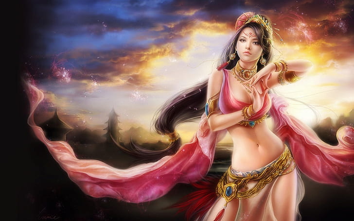 Beautiful Asian fantasy girl, red silk, Beautiful, Asian, Fantasy, Girl, Red, Silk, HD wallpaper