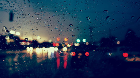 urban, street, rain, bokeh, water drops, lights, glass, reflection, blurred, photography, HD wallpaper HD wallpaper
