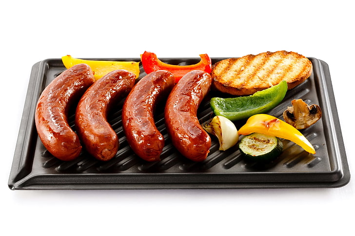 grilled sausage, sausage, meat, roast, pan, HD wallpaper