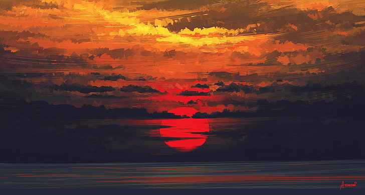 photographie de silhouette de coucher de soleil, coucher de soleil, nuages, mer, coloré, Fond d'écran HD