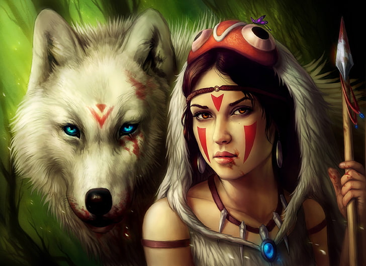 Princesa Mononoke, obra de arte, lobo, mulheres, arte de fantasia, garota de fantasia, HD papel de parede
