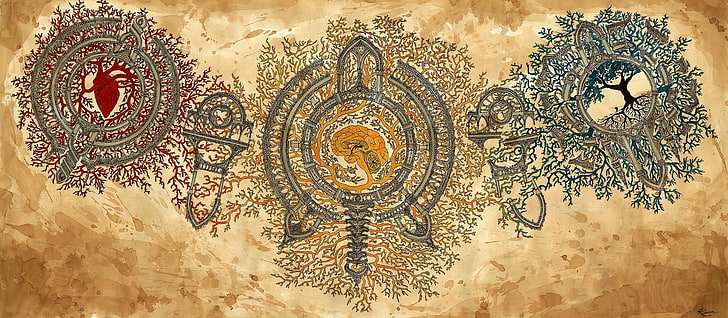 dekorasi grafis abu-abu dan warna-warni, agama Buddha, karya seni, otak, pohon, hati, seni digital, agama, Wallpaper HD