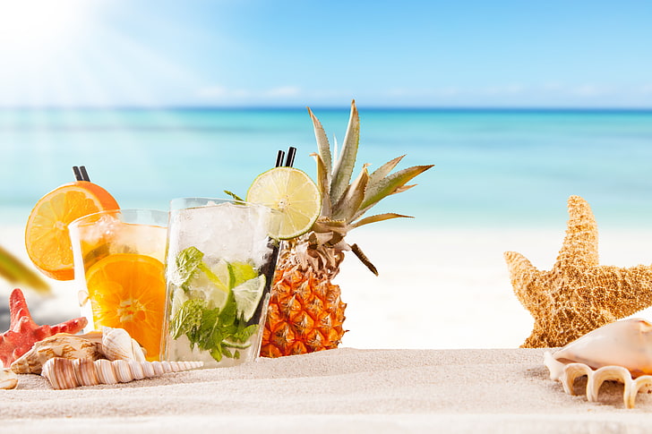 ананас плодове, море, плаж, коктейл, лято, плодове, прясно, рай, напитка, тропически, HD тапет