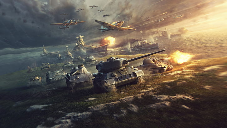 Sunset, The sky, Water, Clouds, Dust, Smoke, Aircraft, Fire, Earth, Ships, Flame, Shot, Tanks, WoT, World Of Tanks, Wargaming Net, World of Warplanes, World Of Aircraft, WoWP, The air, WoWS, World of Warships, The World Of Ships, HD wallpaper