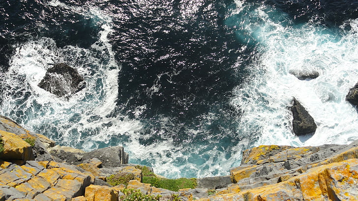 aerial photo of body of water during daytime, Ireland, 5k, 4k wallpaper, cliffs, landscape, Sea, ocean, water, rocks, blue, nature, HD wallpaper
