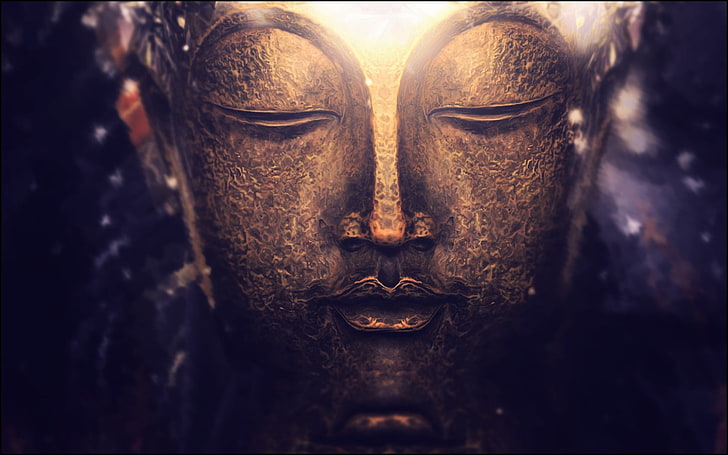 Gautama Biddha, close up photograph of Hindu Deity portrait, Buddha, meditation, spiritual, Buddhism, bokeh, lights, purple, gold, macro, photography, depth of field, zen, HD wallpaper