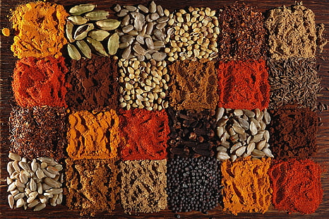 seasoning lot, pepper, seeds, carnation, spices, cardamom, paprika, coriander, cumin, turmeric, HD wallpaper HD wallpaper