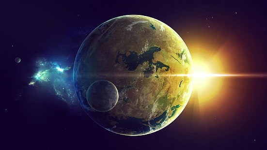 Erde und Mond, Sonnenstrahlen, Weltraum, Erde, Mond, Sonne, Strahlen, Weltraum, HD-Hintergrundbild HD wallpaper