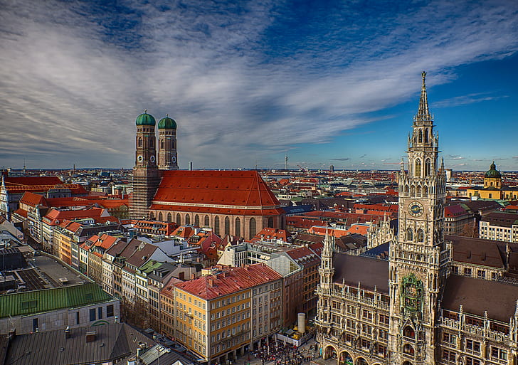 Bayern, Tyskland, Nya rådhuset, Bayern, Tyskland, Nya rådhuset, Marienplatz torg, Frauenkirche-katedralen, Byggnader, panorama, HD tapet