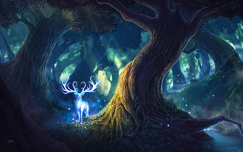 Fantasy Animals, Deer, Creature, Fantasy, Forest, Magic, Spirit, HD wallpaper HD wallpaper